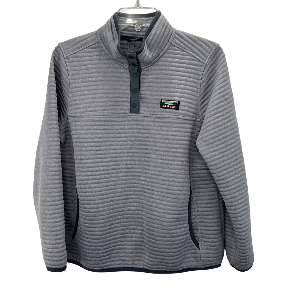 LL Bean Airlight Knit Pullover Gray M Petite Snap Neck Kangaroo Pocket Quilted